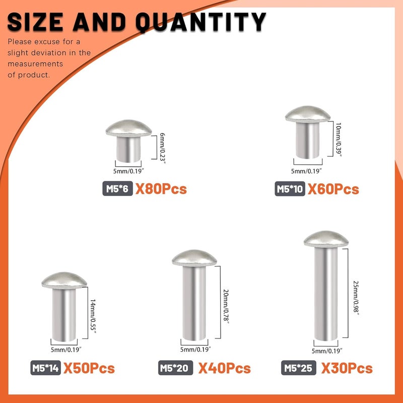 Tanstic 260Pcs M5 Solid Aluminum Brazier Head Rivets, 6mm 10mm 14mm 20mm 25mm Length Solid Aluminum Rivets for Machinery Automobile Industry - Image 2